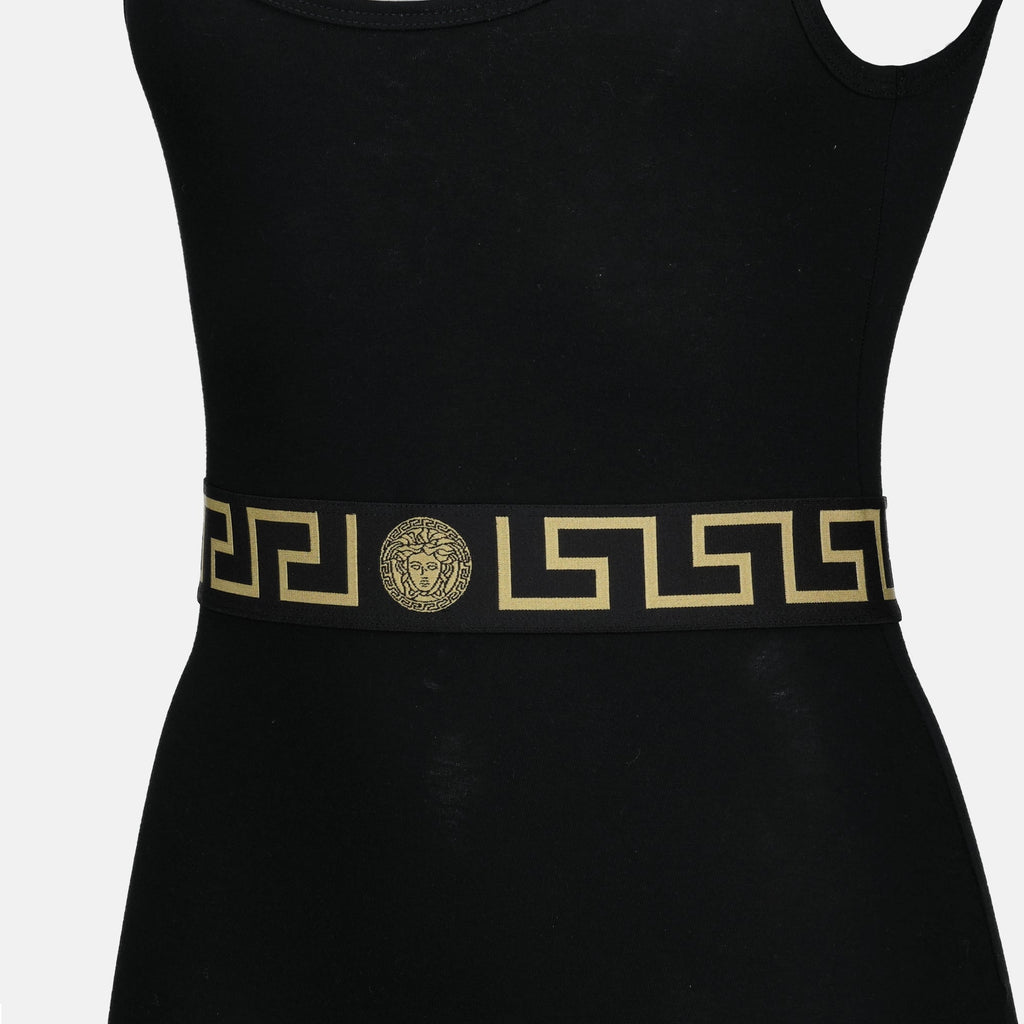 Versace jumpsuit, Medusa Greca, black jersey jumpsuit, designer jumpsuit, Spring-Summer 2025 outfit