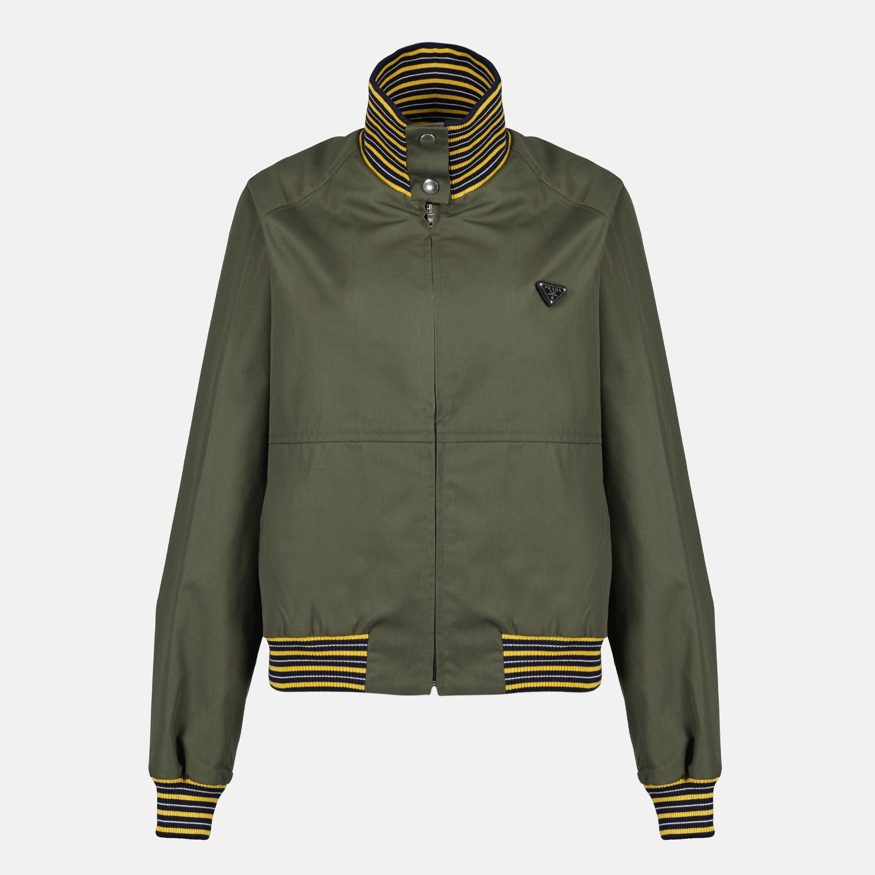 Image of Kaki Prada Bomber Jacket by Prada for Women - Season Spring-Summer 2026 - Front View