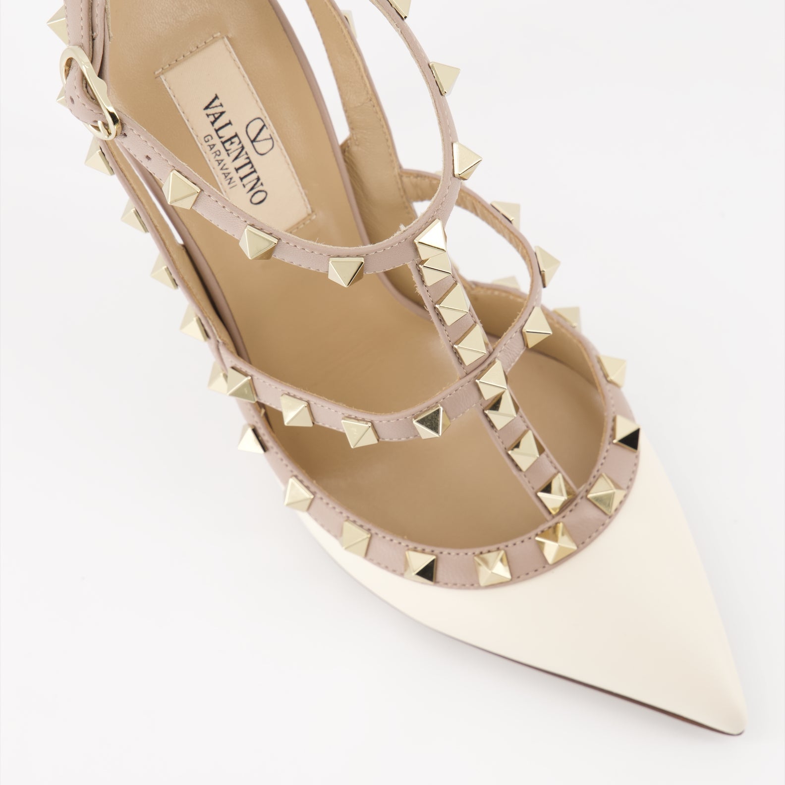 Rockstud pumps, Valentino Garavani shoes, luxury heels, white and beige pumps, high-end footwear