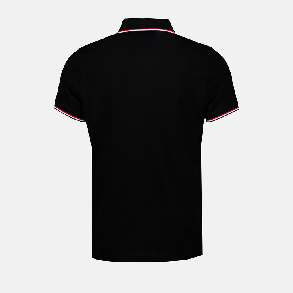 black polo shirt, Moncler polo, tri-color stripes, classic collar, piqué cotton