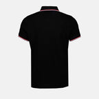 black polo shirt, Moncler polo, tri-color stripes, classic collar, piqué cotton