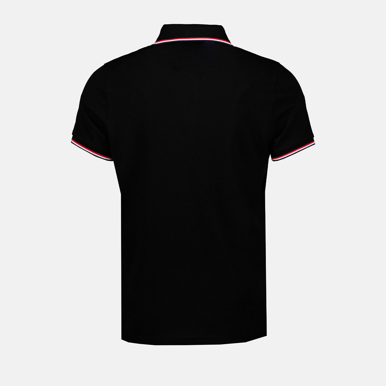 black polo shirt, Moncler polo, tri-color stripes, classic collar, piqué cotton