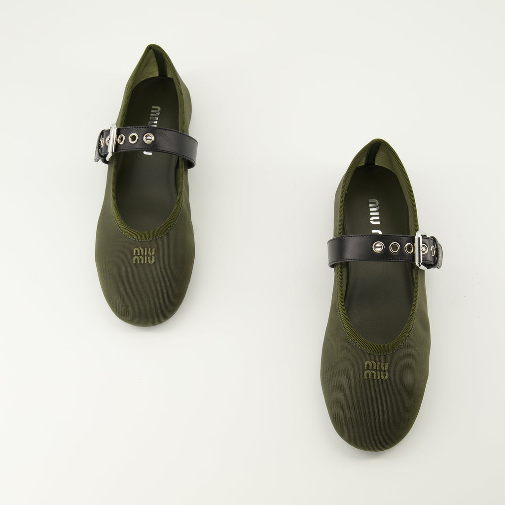 khaki ballerinas, mesh shoes, Miu Miu footwear, comfortable ballerinas, adjustable strap shoes