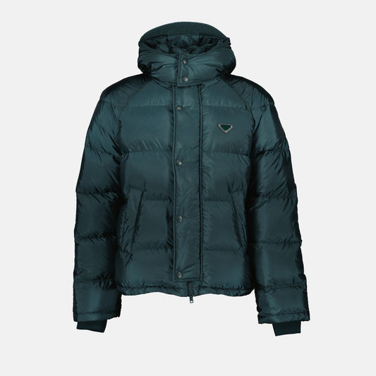 Prada jacket, recycled nylon jacket, teal blue jacket, Autumn-Winter fashion, luxury outerwear