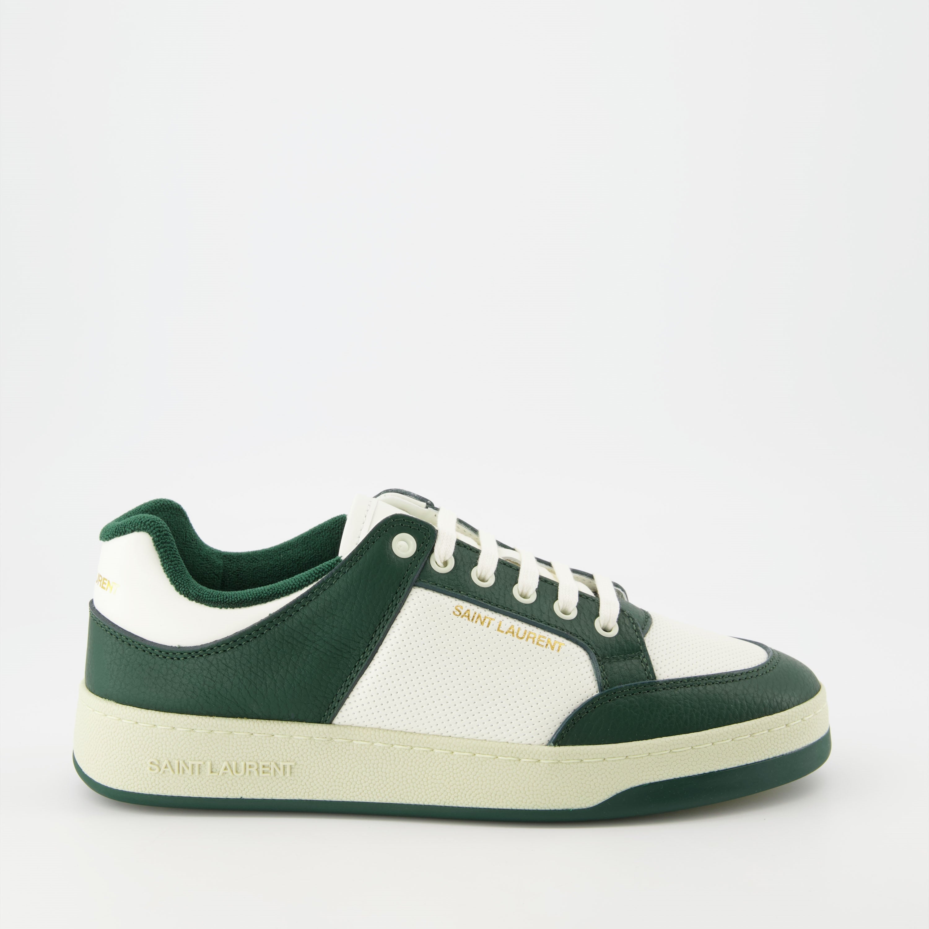 Image of White and Green Textured Leather Sneakers by Saint Laurent for Men - Season Autumn-Winter 2024 - Right Side View
