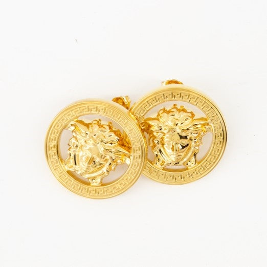 Versace earrings, gold metal earrings, luxury jewelry, designer accessories, Medusa earrings