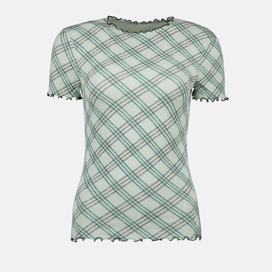 green checkered t-shirt, Burberry t-shirt, cotton stretch top, ruffled neckline top, contemporary women's fashion