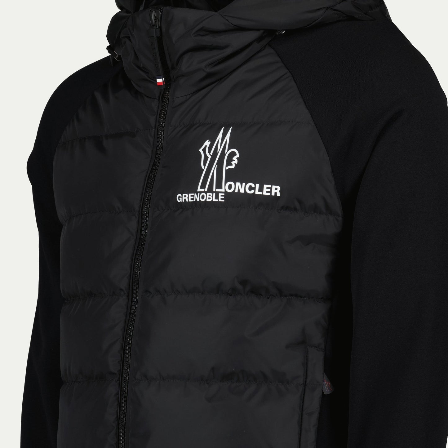 Bi-material jacket, Moncler Fall-Winter 2024, nylon knit combination, black jacket design, quilted front jacket