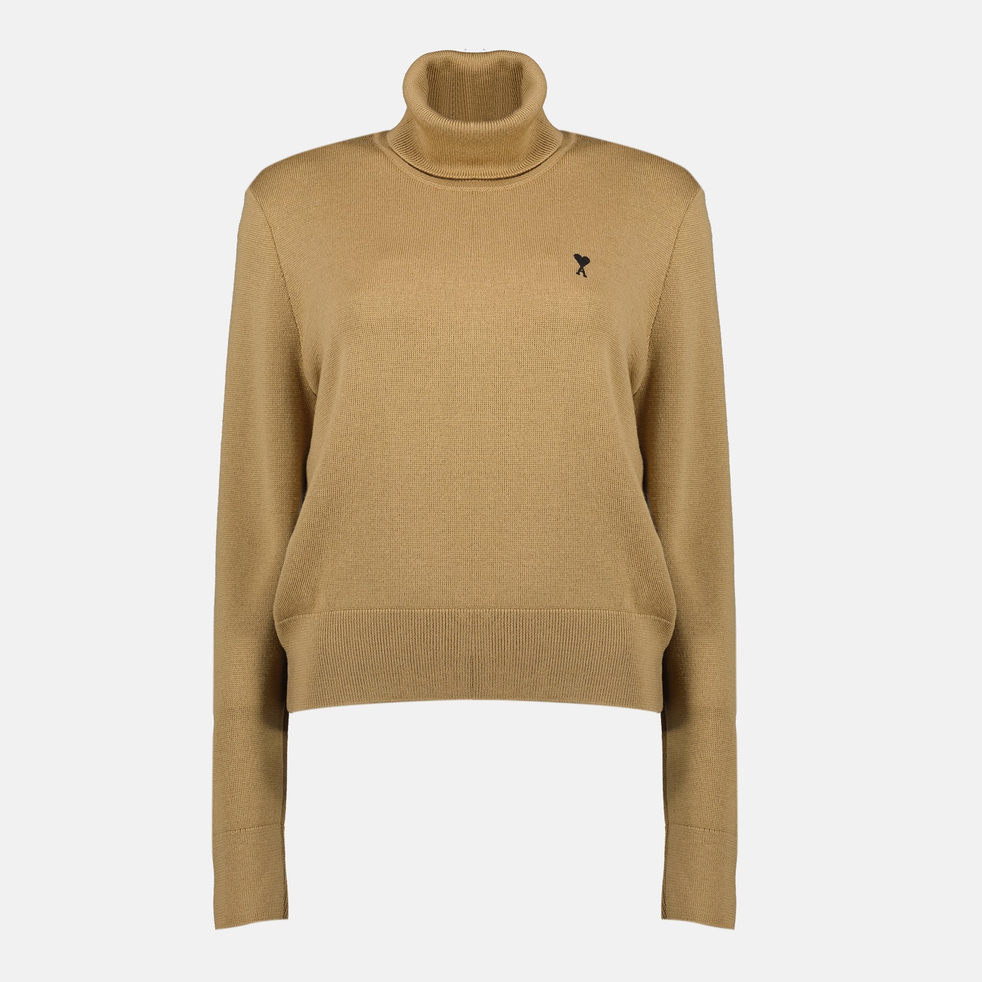 brown turtleneck sweater, AMI Paris, wool sweater, embroidered logo, Autumn-Winter 2025