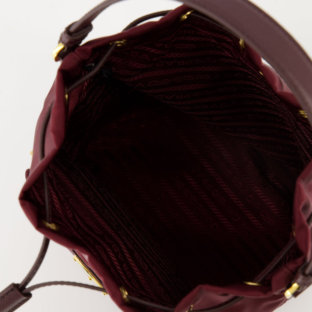 Prada bucket bag, Re-Nylon bag, designer accessories, sustainable fashion, polyamide bag