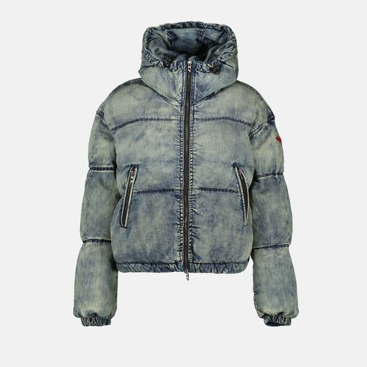 Doudoune jacket, denim effect jacket, Diesel 2024, bleached blue jacket, quilted women's jacket