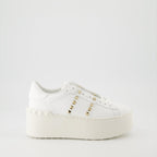 luxurious sneakers, Valentino Garavani, white leather shoes, Rockstud sneakers, flatform sneakers
