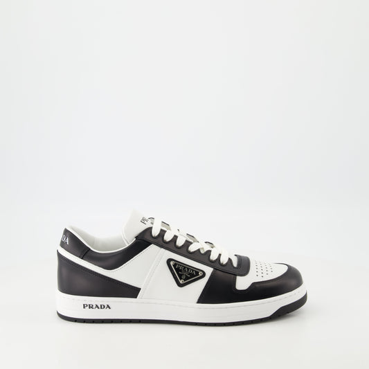 leather sneakers, black and white, Prada, rubber sole, triangle logo