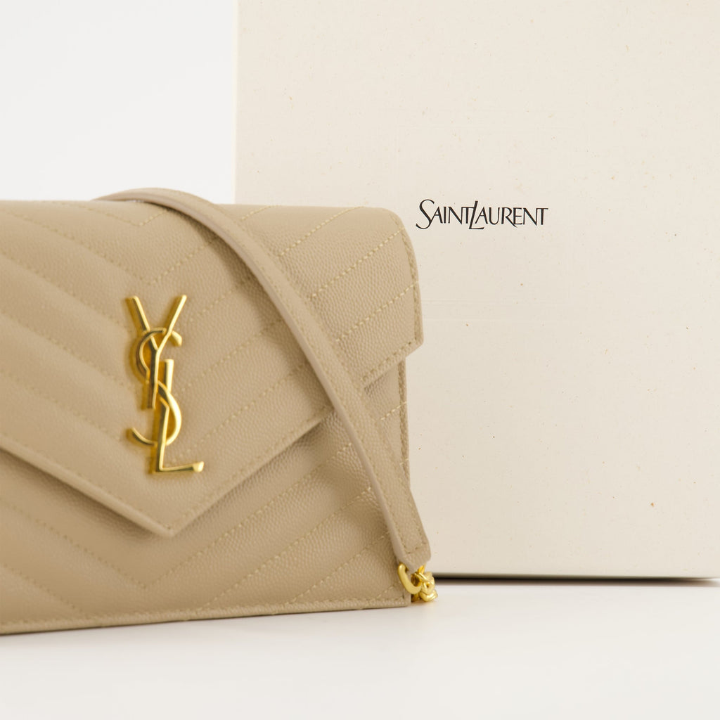 Saint Laurent wallet, grained leather wallet, beige chain wallet, luxury accessories, designer wallet