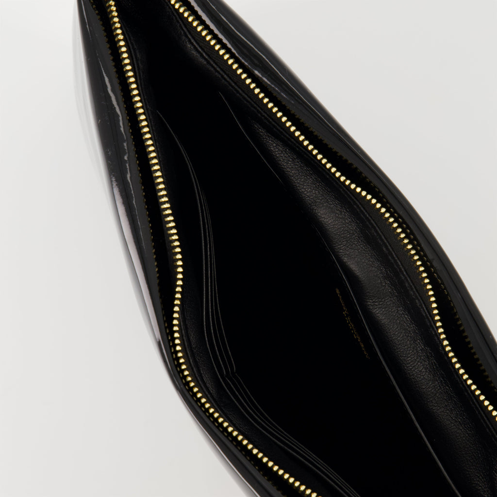 clutch bag, patent clutch, black handbag, Saint Laurent accessory, designer clutch