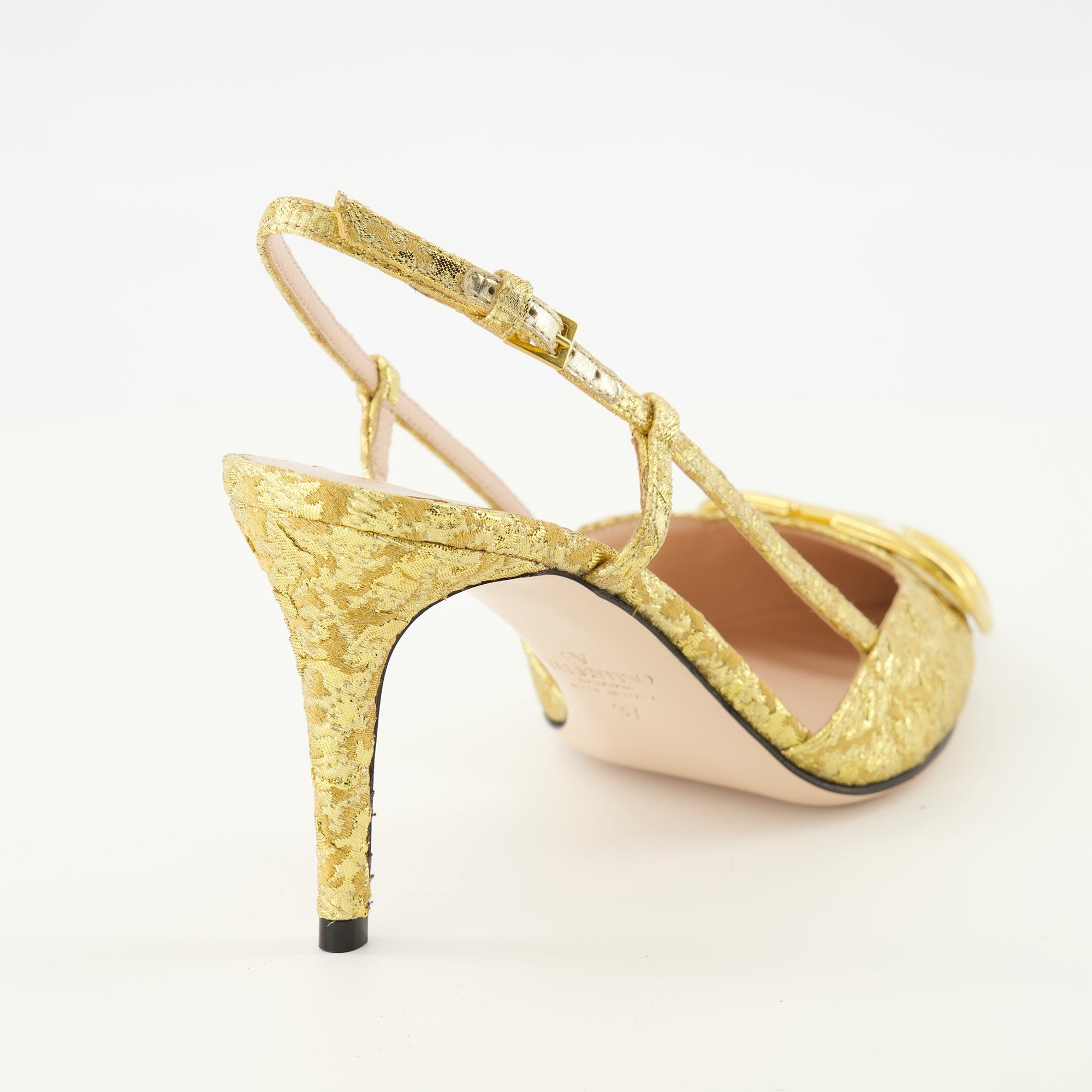 Valentino pumps, gold fabric shoes, Vlogo signature footwear, elegant ankle strap pumps, spring-summer collection
