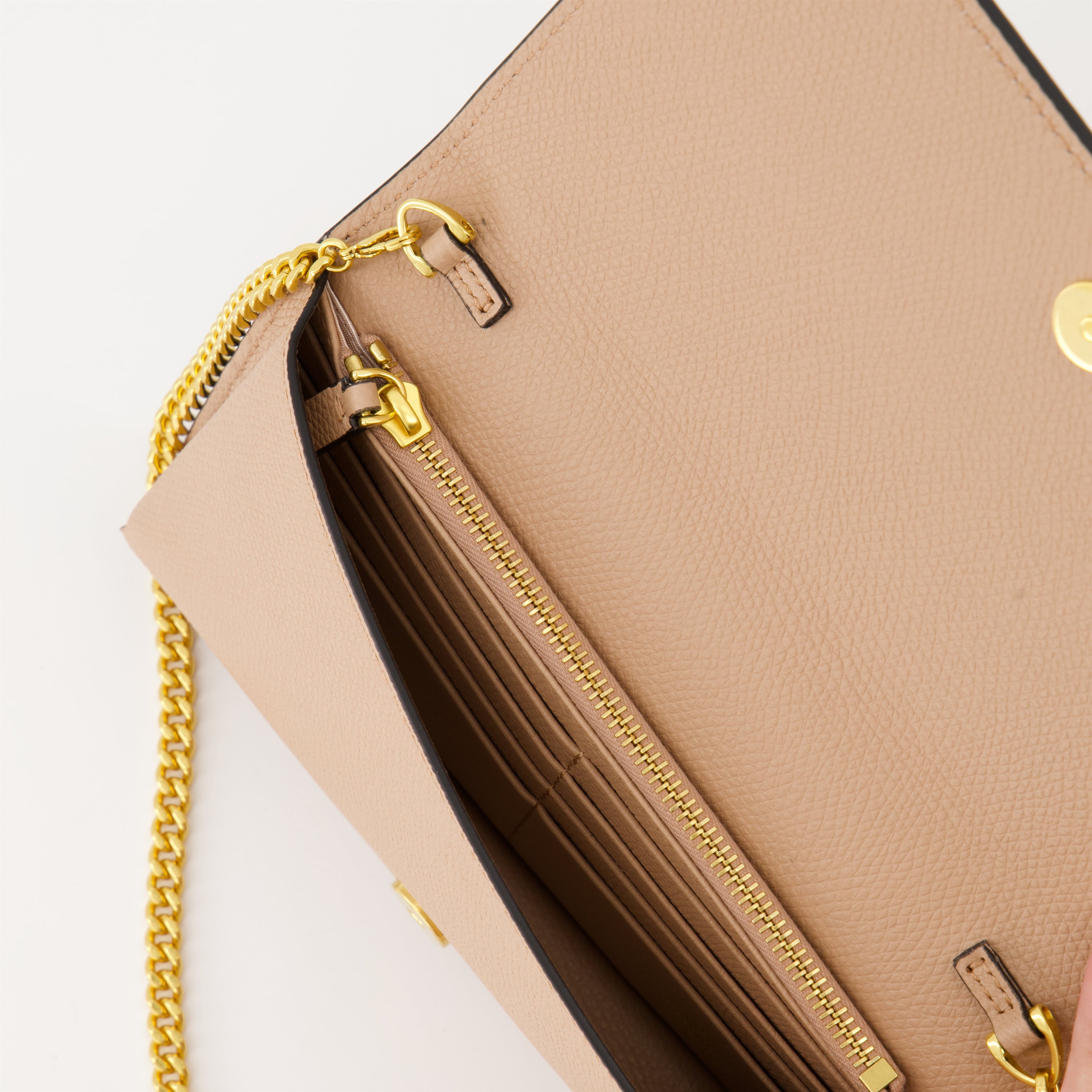 luxury wallet, Valentino Garavani, chain leather wallet, pink leather wallet, designer accessories