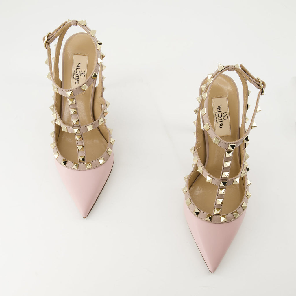Rockstud heels, pink leather shoes, Valentino Garavani, elegant footwear, ankle strap heels