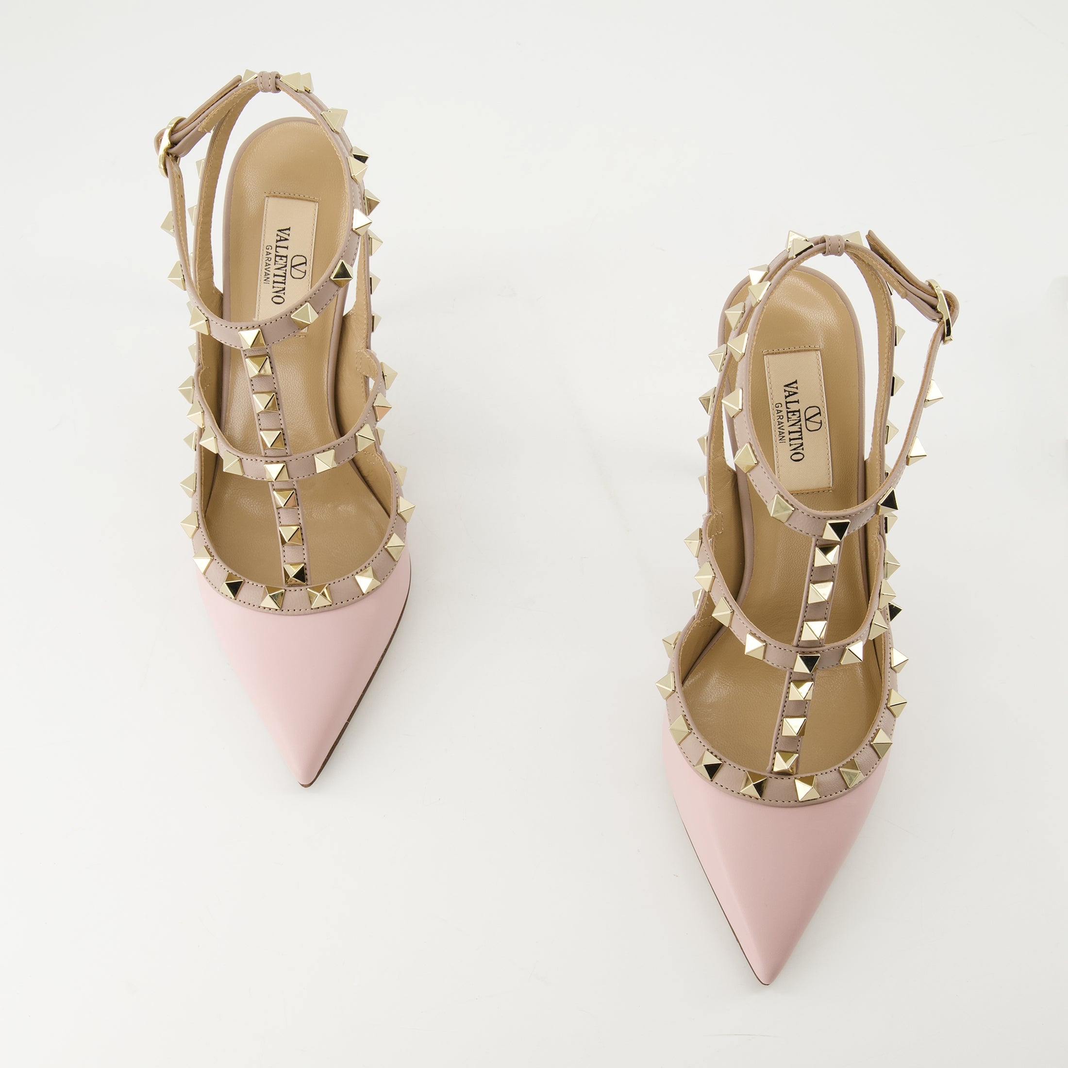 Rockstud heels, pink leather shoes, Valentino Garavani, elegant footwear, ankle strap heels