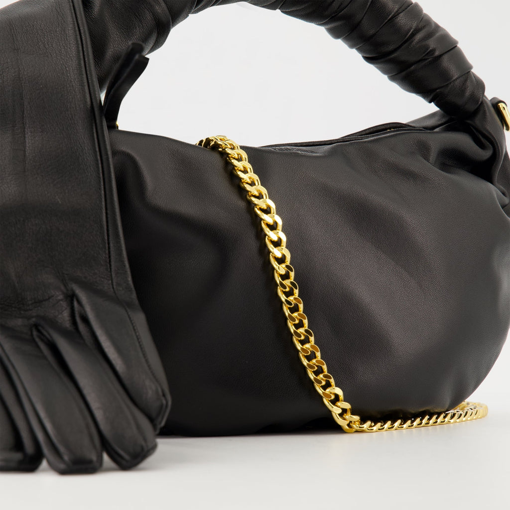Moschino glove bag, black handbag, zip closure bag, removable chain strap, women's accessories