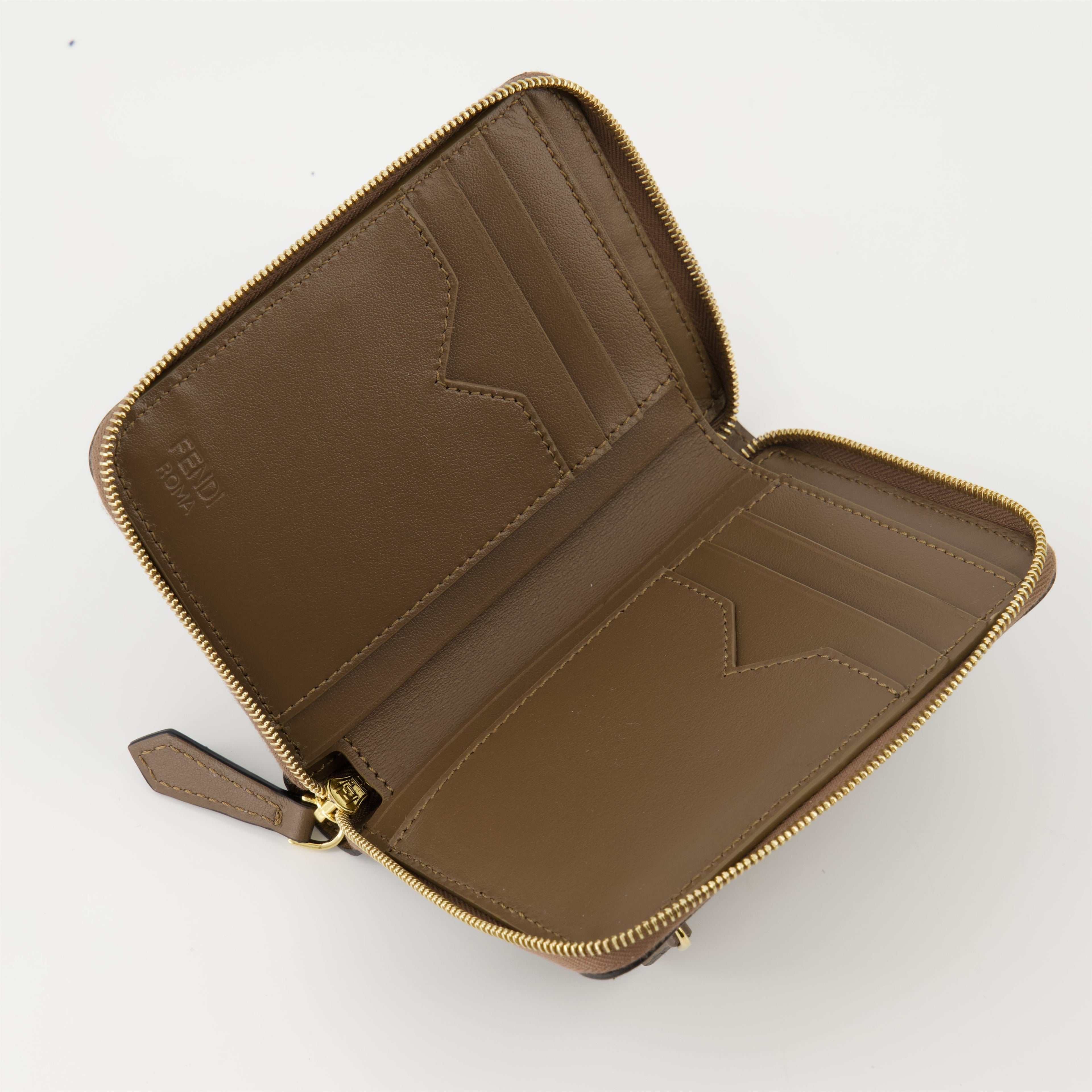 FF Diamonds wallet, brown zip wallet, leather wallet, designer wallet, Fendi wallet
