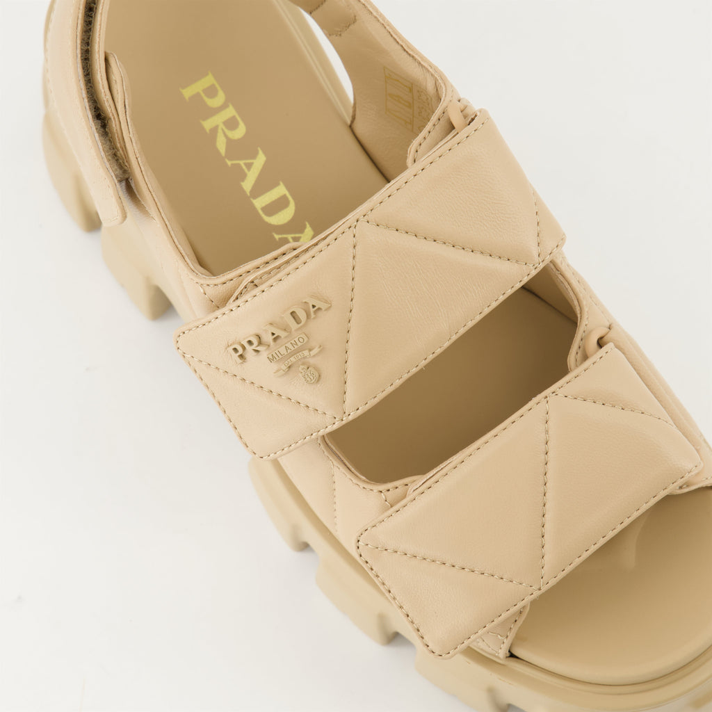 quilted leather sandals, Prada sandals, summer footwear, adjustable sandals, casual style