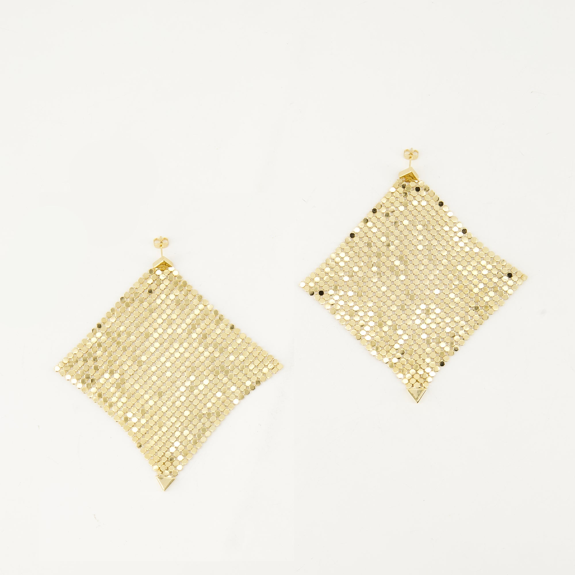 pixel earrings, golden earrings, metallic mesh, Rabanne earrings, contemporary accessories