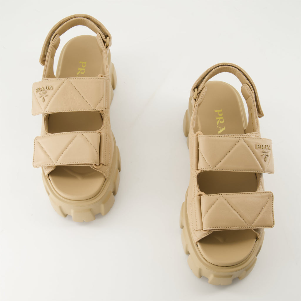 quilted leather sandals, Prada sandals, summer footwear, adjustable sandals, casual style