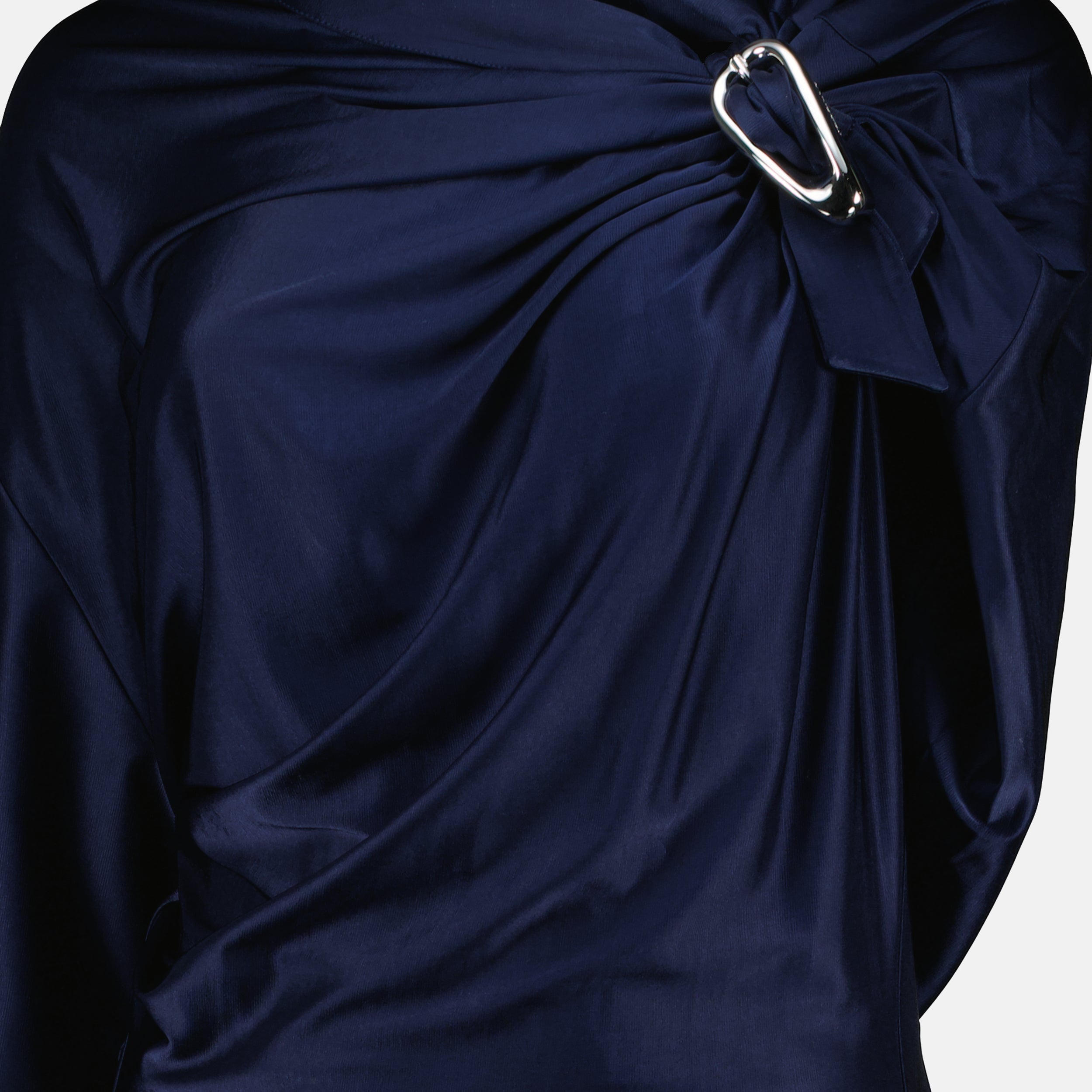 navy dress, asymmetrical dress, Rabanne, ankle-length dress, high collar dress