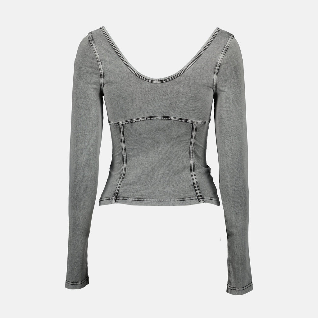 Diesel T-Elin top, denim effect top, slim fit women's top, gray jersey top, chic casual wear