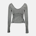 Diesel T-Elin top, denim effect top, slim fit women's top, gray jersey top, chic casual wear