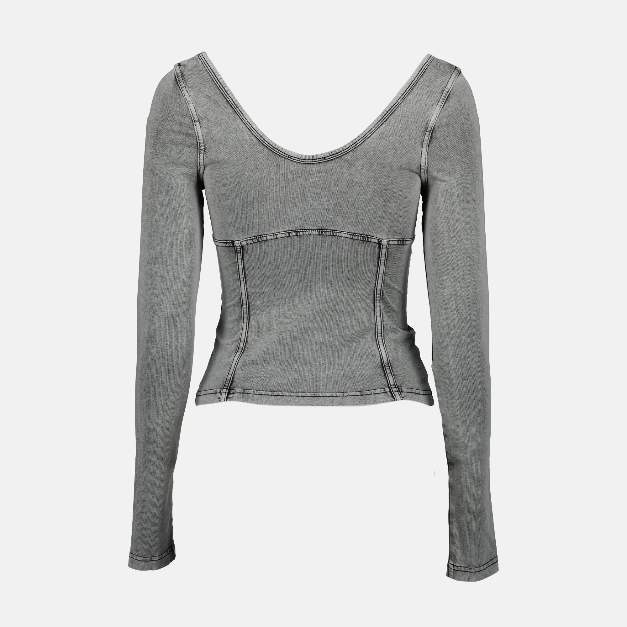 Diesel T-Elin top, denim effect top, slim fit women's top, gray jersey top, chic casual wear