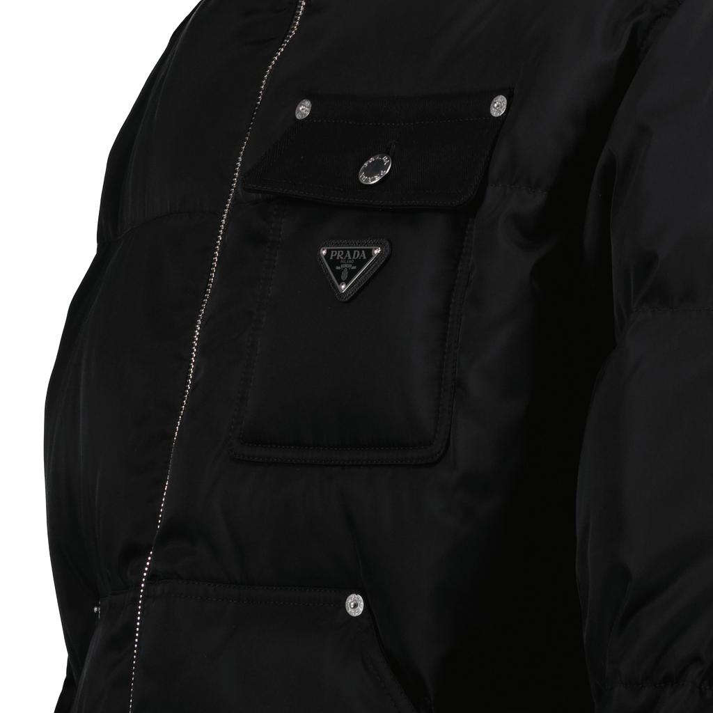 Prada Re-Nylon jacket, luxury down jacket, recycled nylon outerwear, Autumn-Winter fashion, high collar jacket