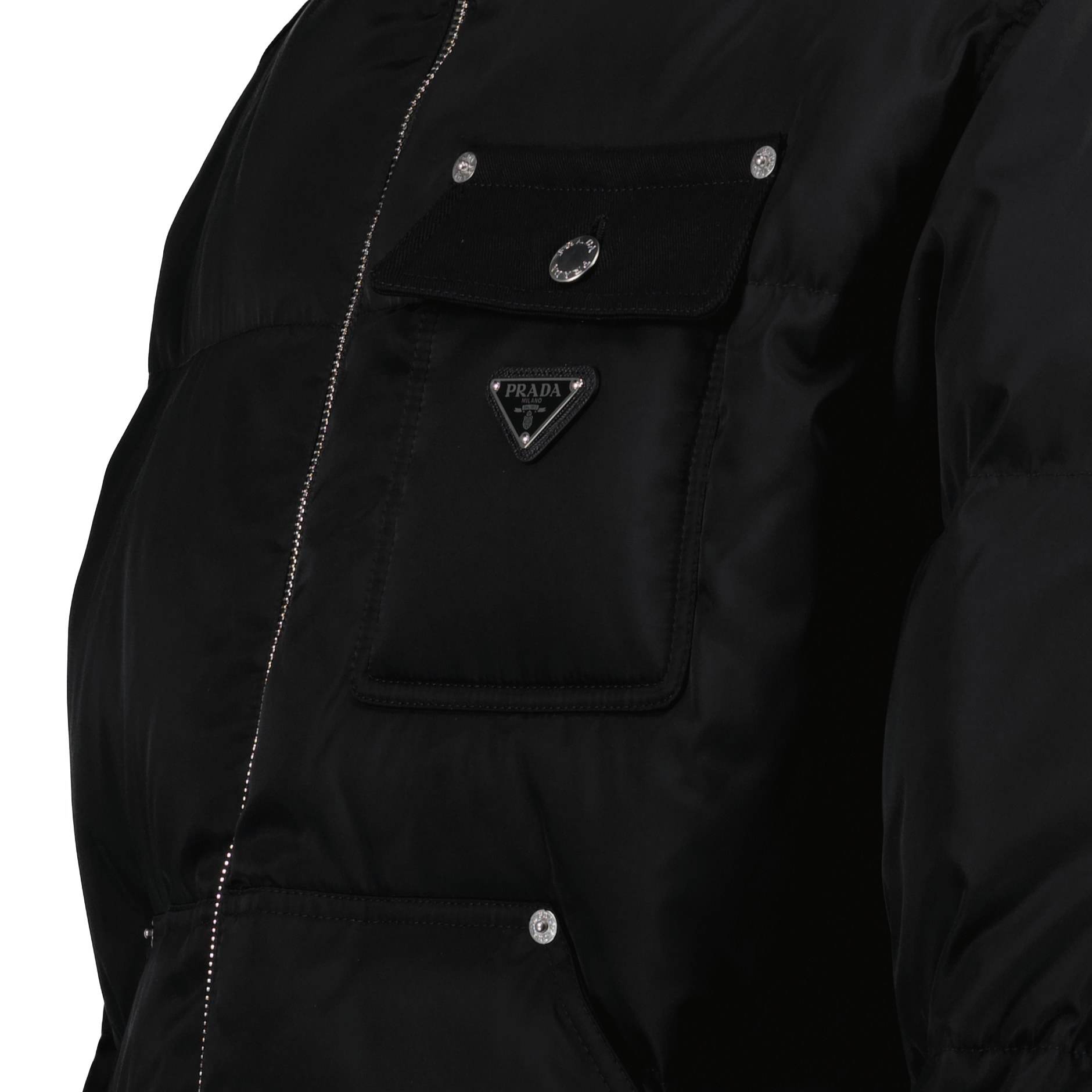 Prada Re-Nylon jacket, luxury down jacket, recycled nylon outerwear, Autumn-Winter fashion, high collar jacket