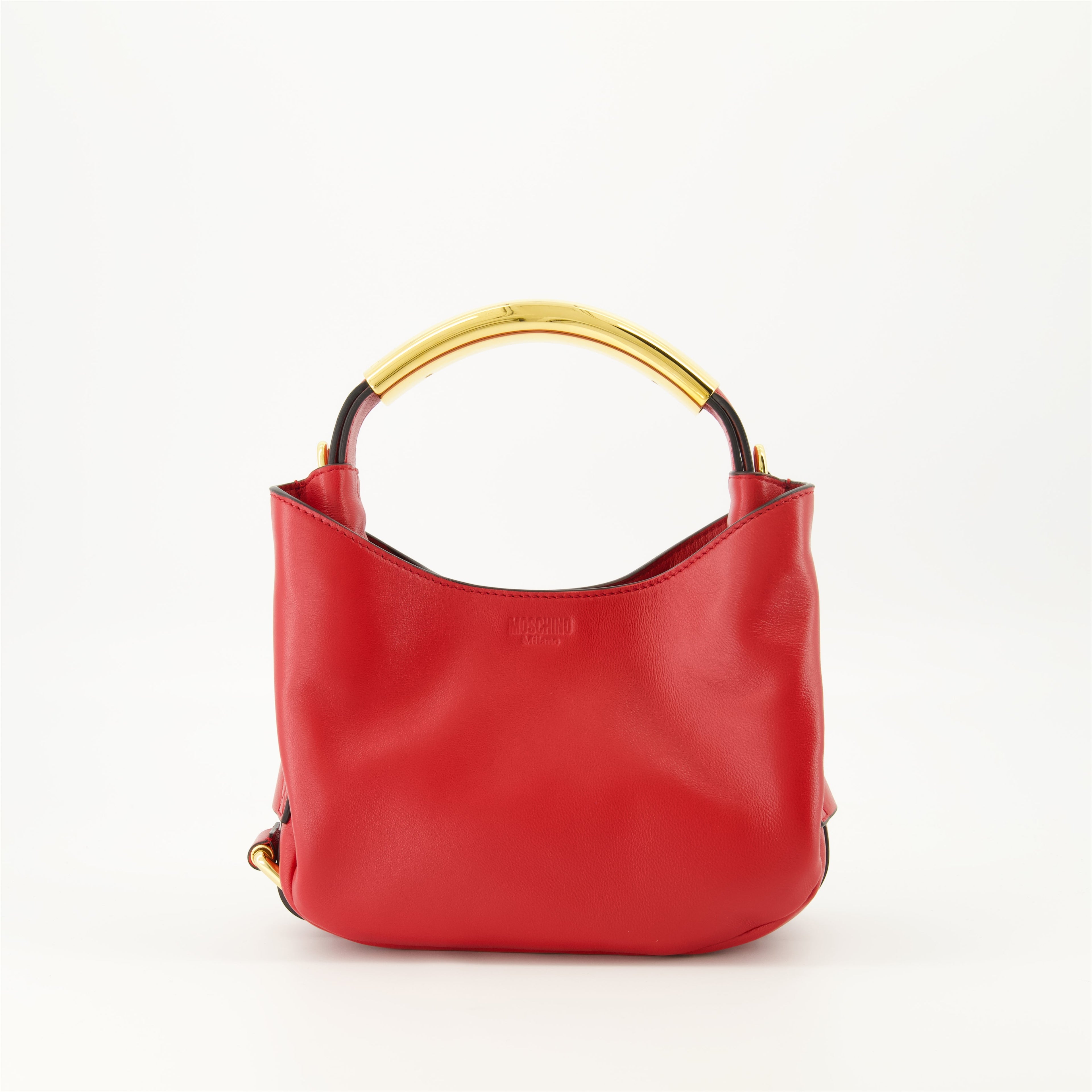 red leather handbag, Moschino Handle Me, nappa leather bag, adjustable shoulder strap, luxury handbag