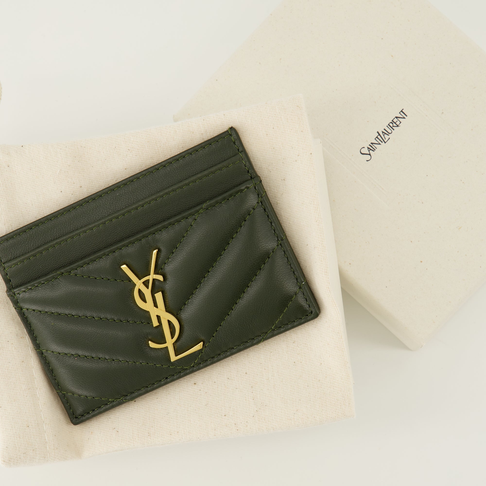 Saint Laurent cardholder, chevron quilted cardholder, premium leather wallet, dark green cardholder, fashionable cardholder