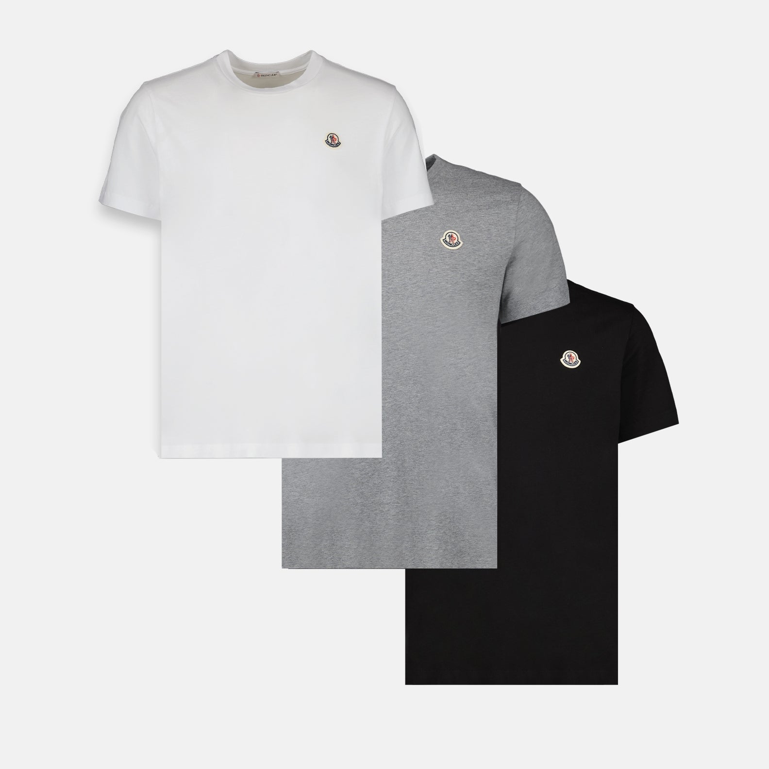 Cotton t-shirts, Moncler logo tees, casual essentials, three-pack shirts, premium cotton wear