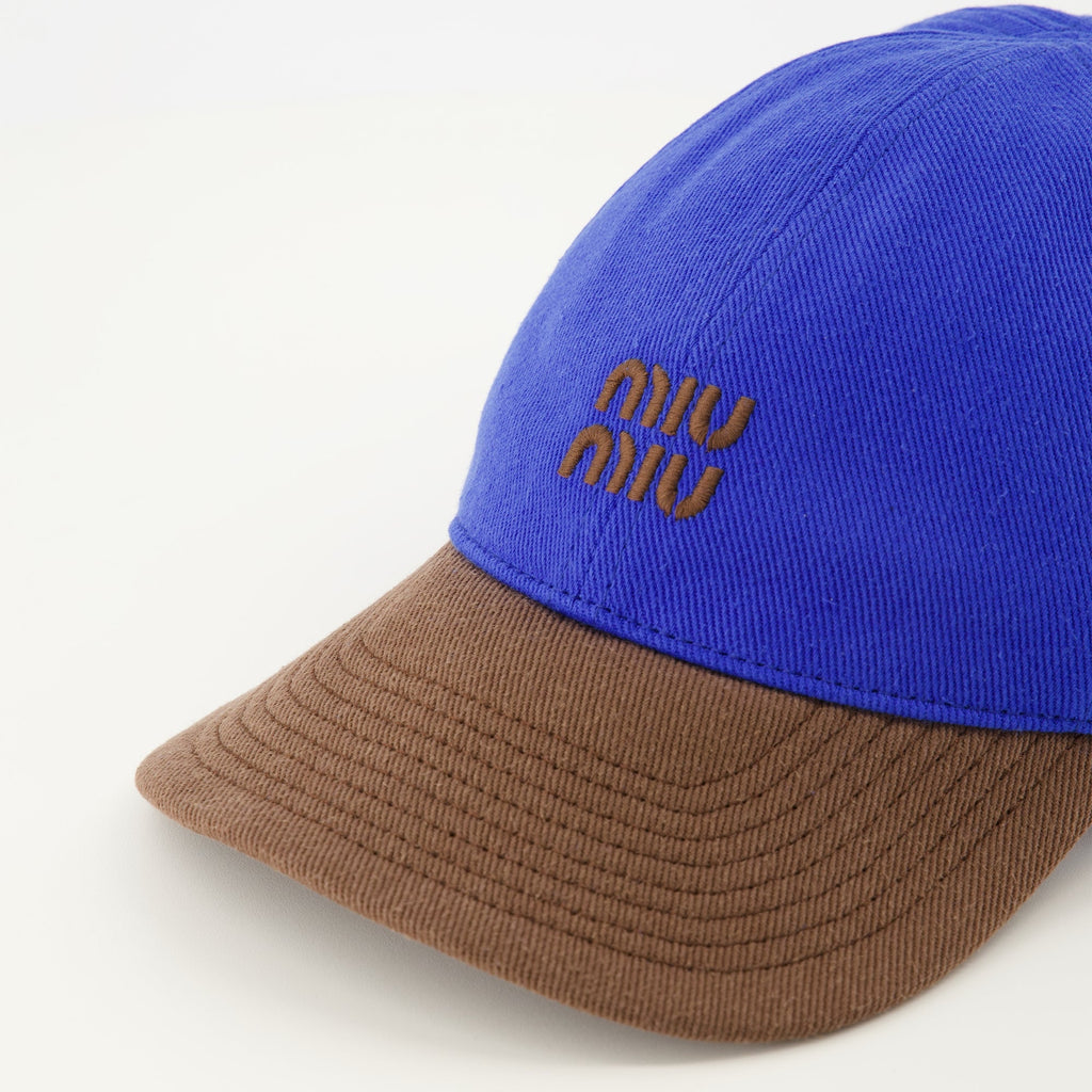 denim cap, Miu Miu cap, blue and brown cap, cotton cap, embroidered logo cap
