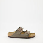 Birkenstock slides, Arizona Birko-Flor, Taupe slides, comfortable footwear, luxury slides