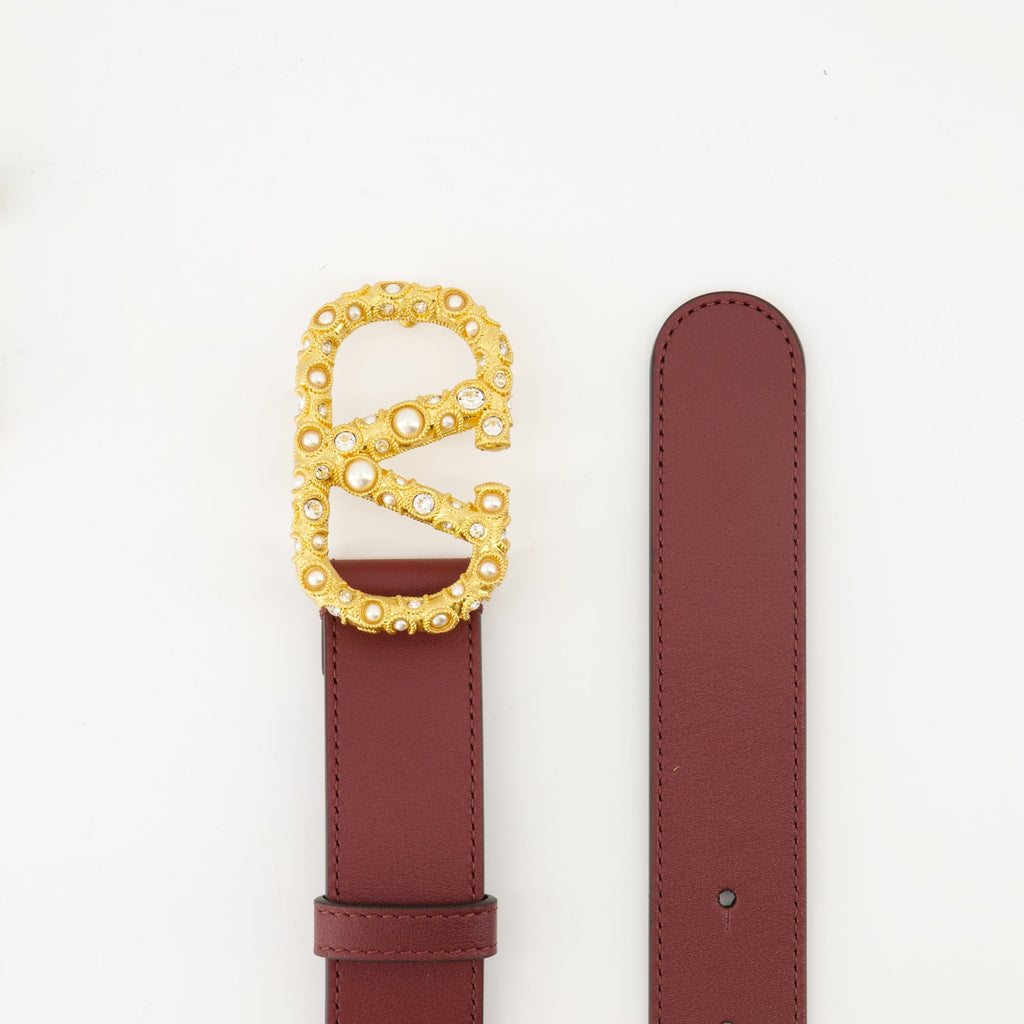 Vlogo belt, Valentino Garavani, bordeaux belt, Swarovski crystals, luxury accessories