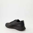 Prada sneakers, black leather sneakers, Prax 01 model, men's footwear, luxury menswear