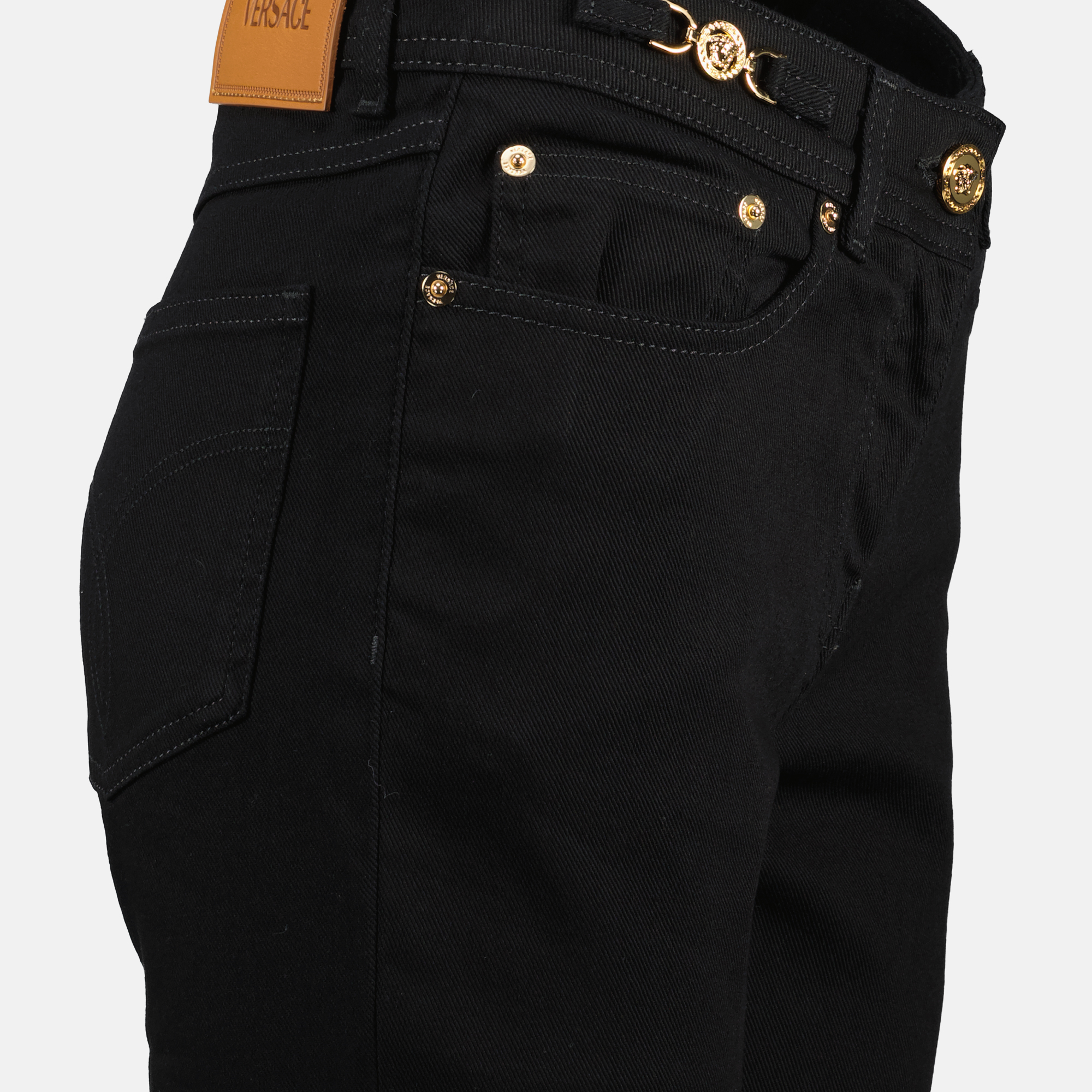 slim denim jeans, Versace jeans, black jeans, designer denim, Medusa detail jeans