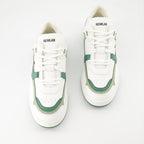 luxury sneakers, white leather shoes, green suede accents, New Lab collection, high-end fashion