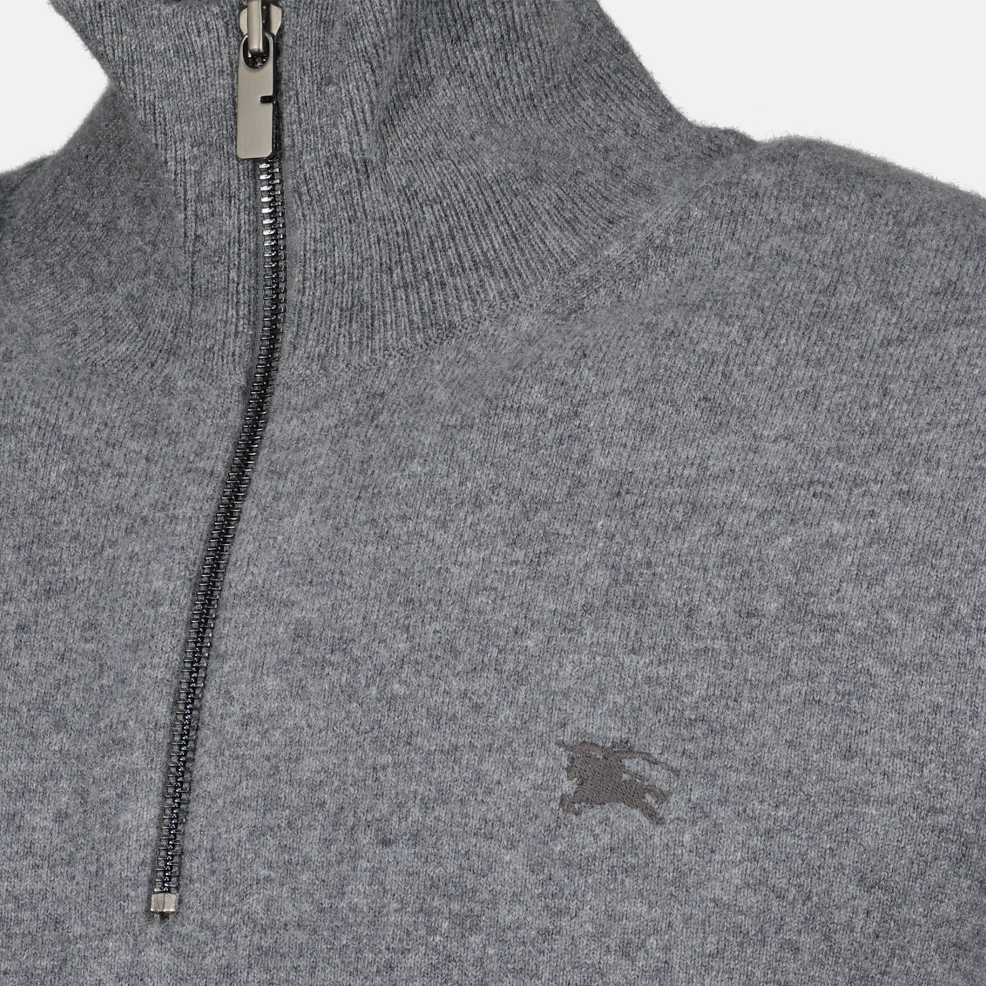 Burberry sweater, cashmere zip-up, gray sweater, high collar sweater, embroidered logo sweatshirt