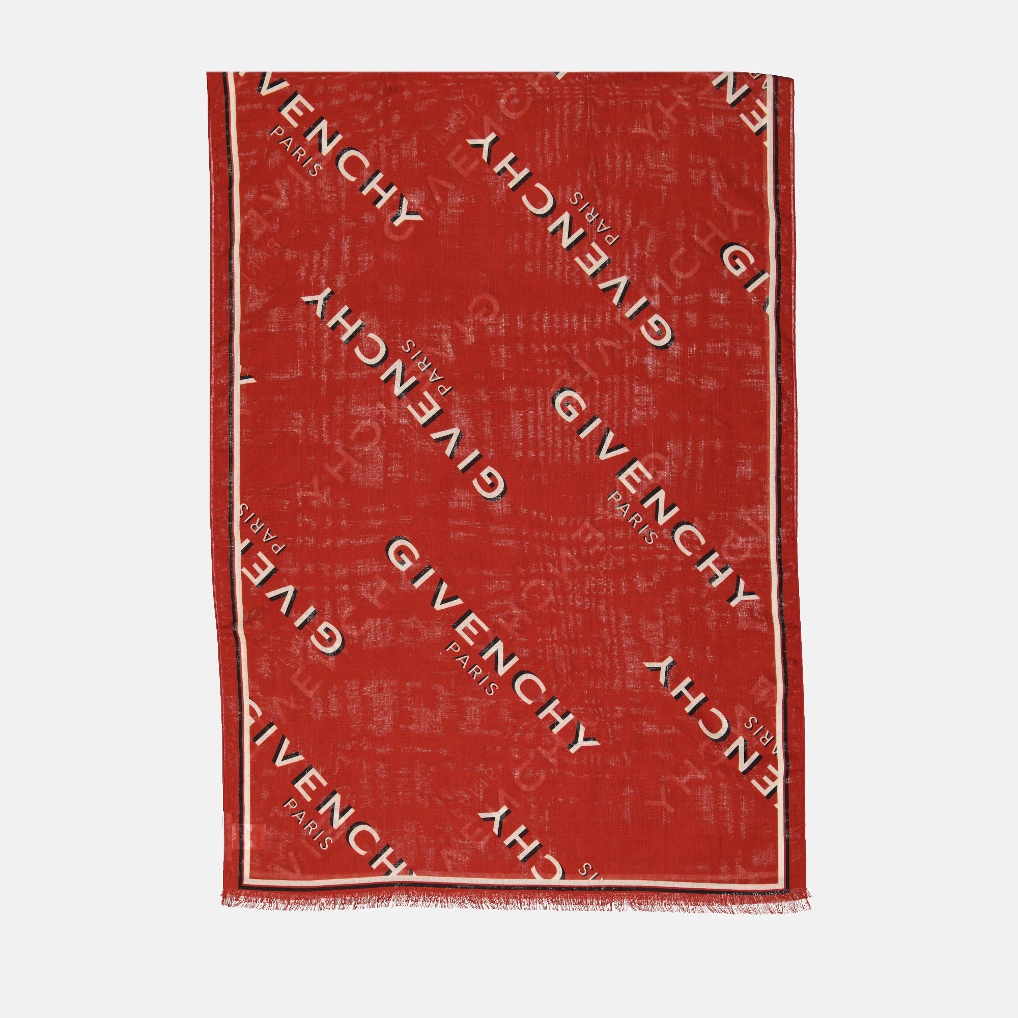 Givenchy stole, silk wool accessory, red stole, fringed edges, Givenchy Paris