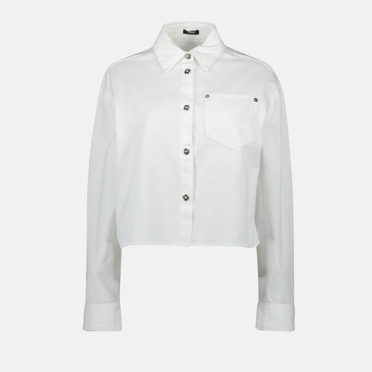 Versace denim shirt, Medusa 95, white denim, puff sleeve shirt, metal accent shirt