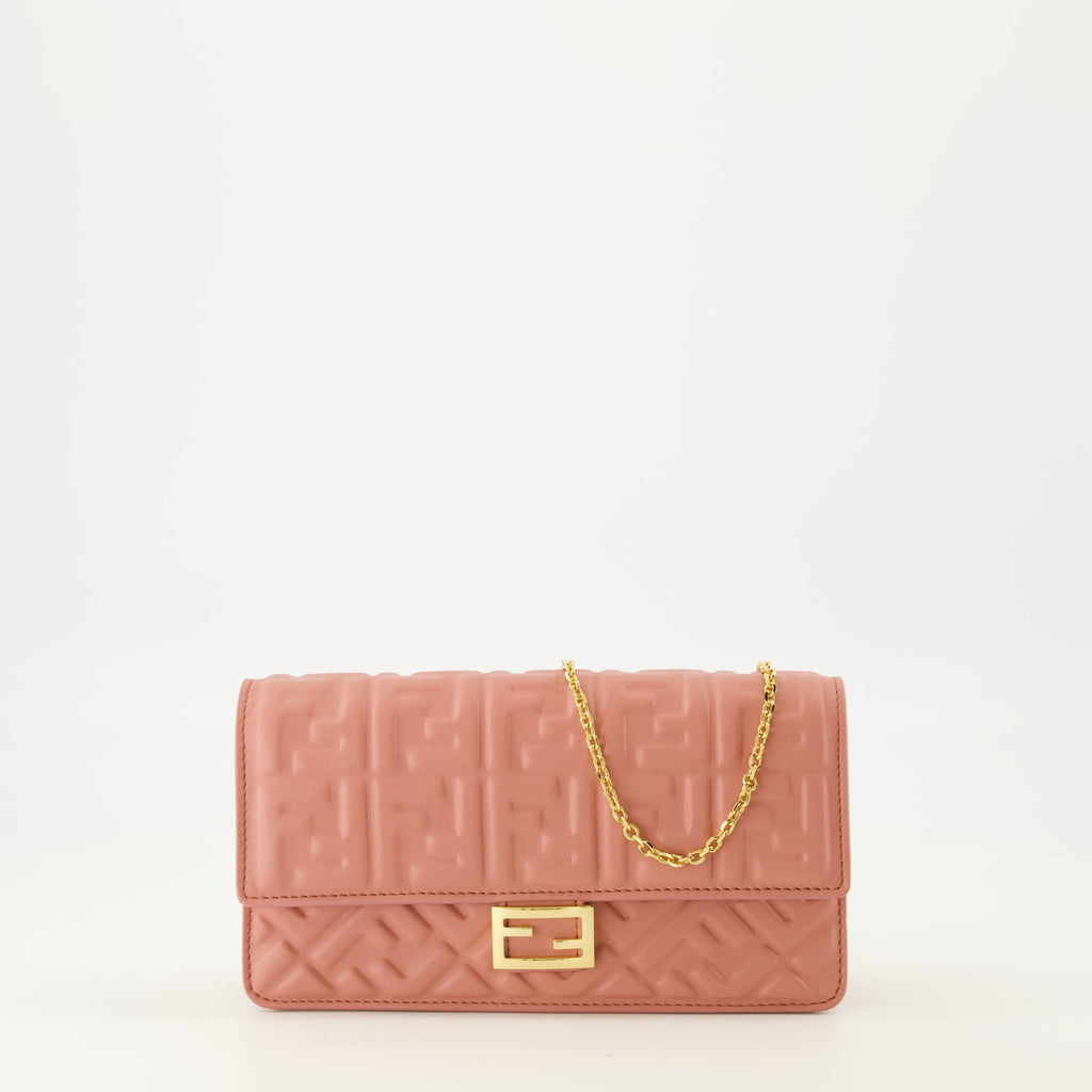 Fendi baguette wallet, luxury wallet, pink chain wallet, nappa leather wallet, FF embossed wallet