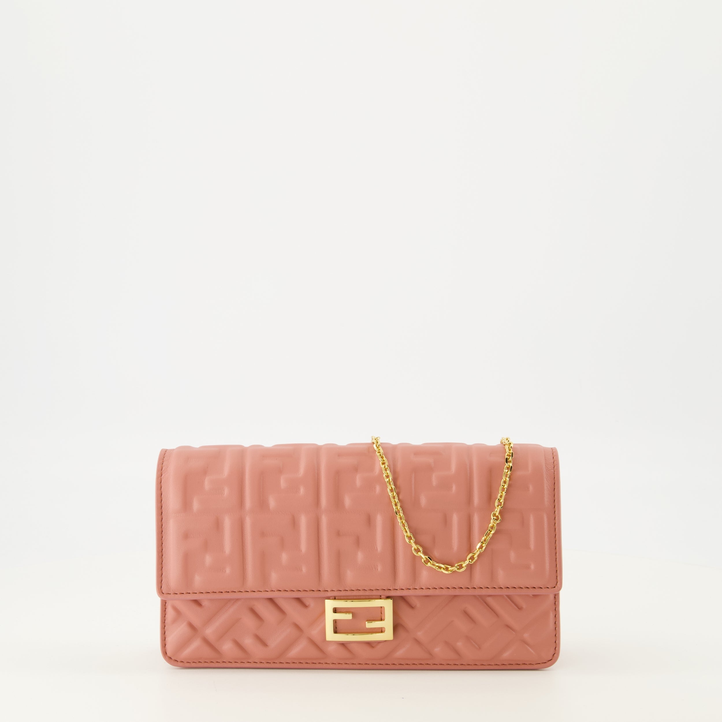 Fendi baguette wallet, luxury wallet, pink chain wallet, nappa leather wallet, FF embossed wallet