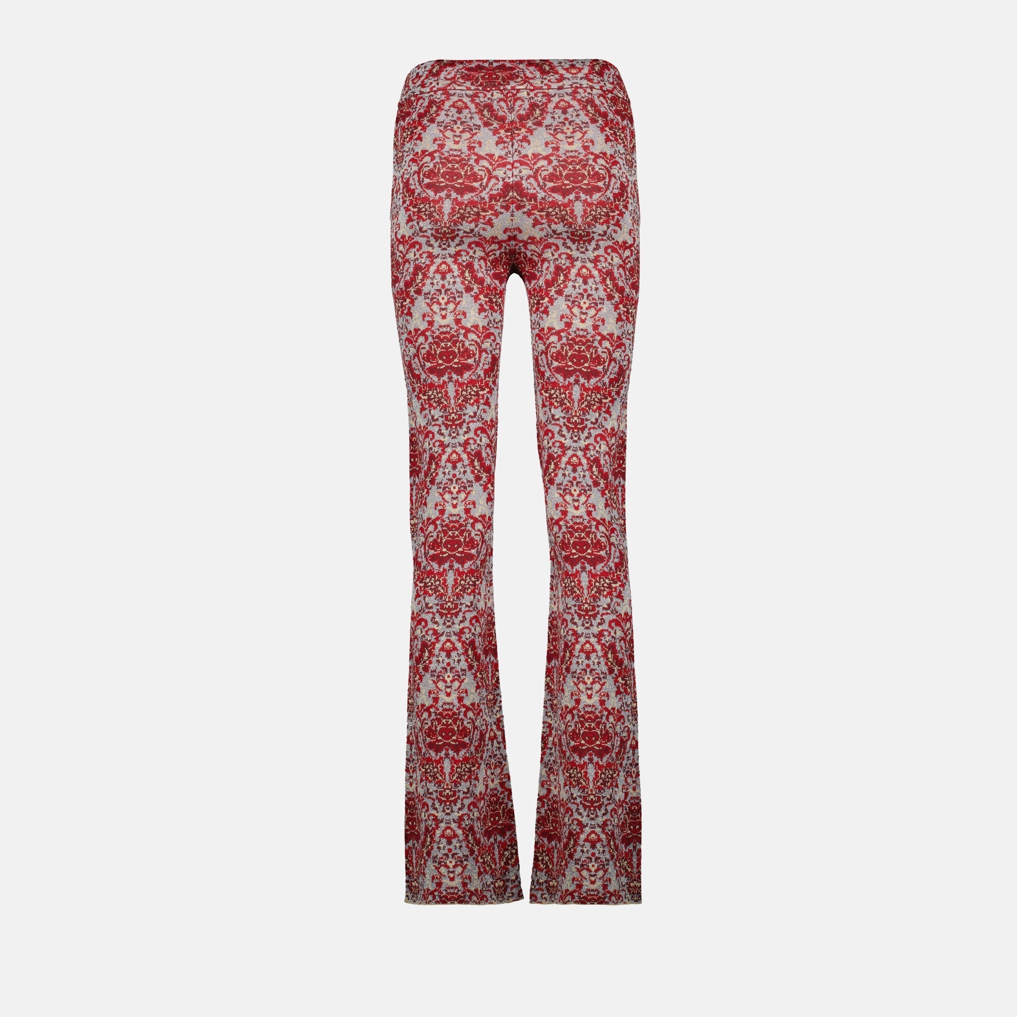 red printed pants, slim fit trousers, metallic effect pants, women's fashion, Rabanne pants