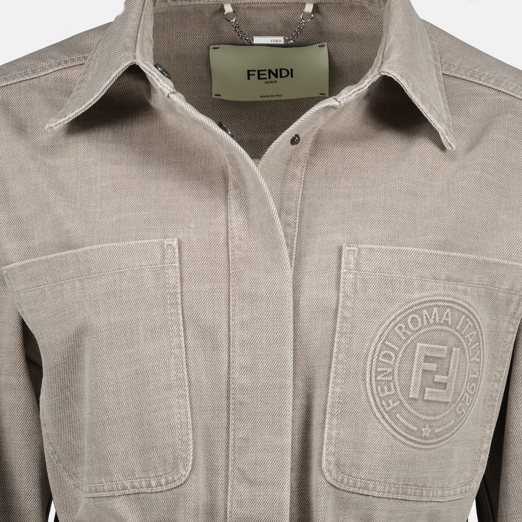 Fendi grey denim jacket, fitted denim jacket, classic collar jacket, Fendi clothing, Spring-Summer 2025 collection